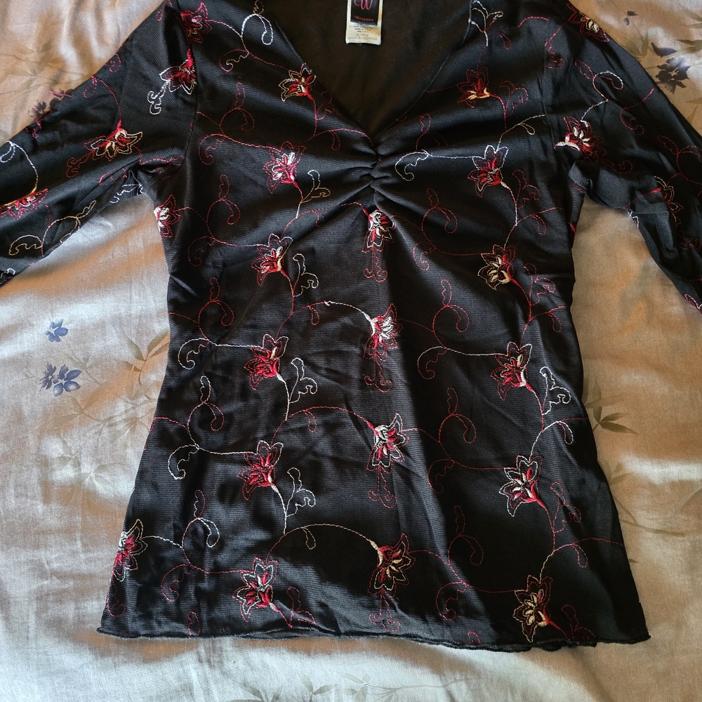 Wrapper Black Top with Pink Embroidery